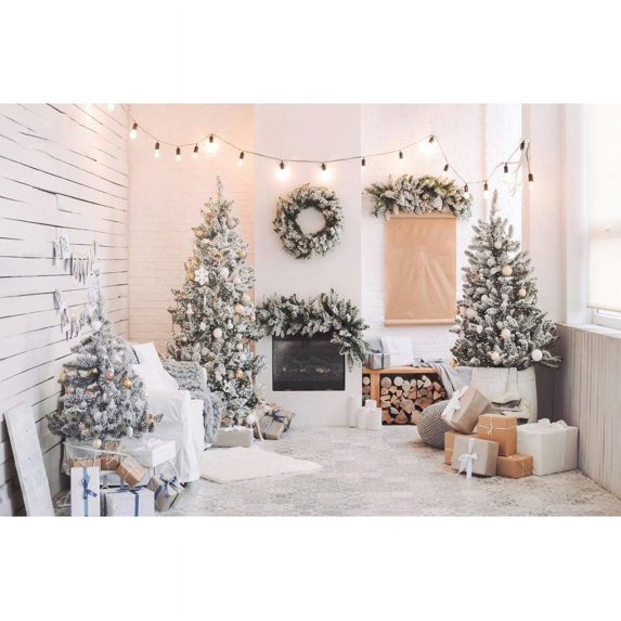 r Party Holiday Background Photography Floor Wood Bright Interior Gift Trees Xmas Backdrop Fireplace White