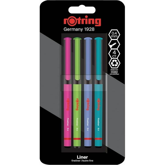 rOtring Liner Fineliner Pens | 0.4 mm | Colouring Pens for Writing & Drawing | Plastic-Free Packaging | Assorted Fun Colours | 4 Count