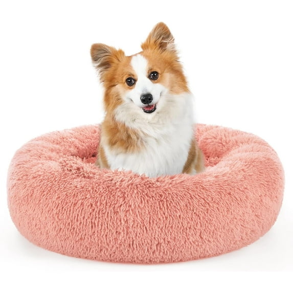 rabbitgoo Calming Dog Bed for Small Medium Dog, 30 inches Pet Bed Machine Washable, Non-Slip Round Fluffy Plush Faux Fur Large Cat Bed, Soft Donut Cuddler Cushion for Small Dog, Pink