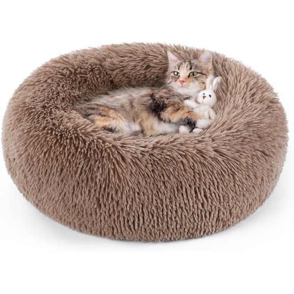 rabbitgoo Cat Bed for Indoor Cats, Fluffy Round Self Warming Calming Soft Plush Donut Cuddler Cushion Pet Bed for Small Dogs Kittens, 20 inches