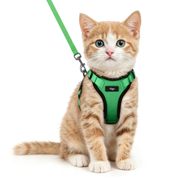 Pigo Cat Harness and Leash for Walking, Escape Proof Soft Adjustable Vest Harnesses for Cats, Easy Control Breathable Reflective Strips Jacket, Grass Green