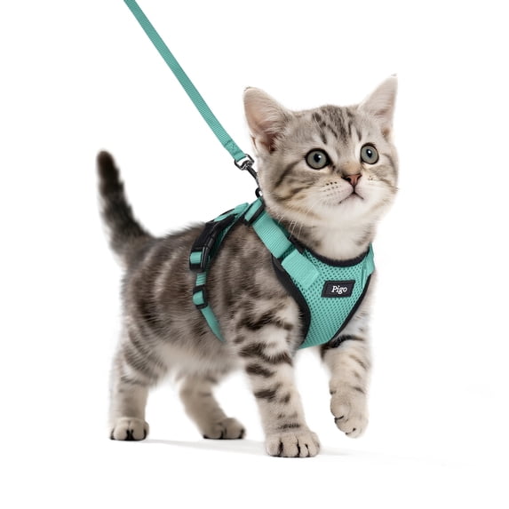 Pigo Cat Harness and Leash for Walking, Escape Proof Soft Adjustable Vest Harnesses for Cats, Easy Control Breathable Reflective Strips Jacket, Green