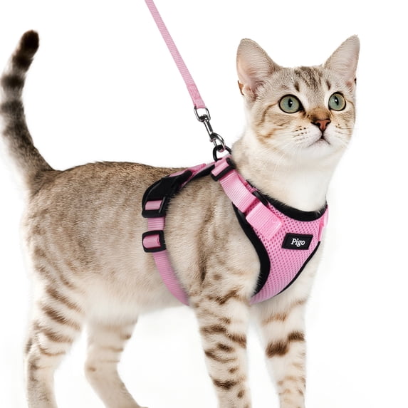 Pigo Cat Harness and Leash for Walking, Escape Proof Soft Adjustable Vest Harnesses for Cats, Easy Control Breathable Reflective Strips Jacket, Pink