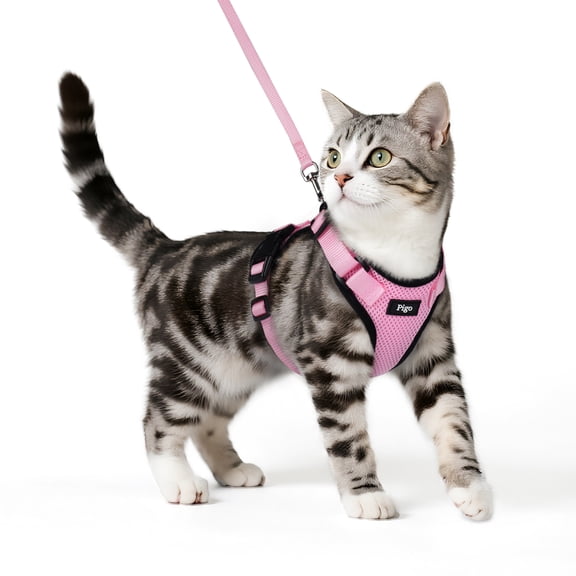 Pigo Cat Harness and Leash for Walking, Escape Proof Soft Adjustable Vest Harnesses for Cats, Easy Control Breathable Reflective Strips Jacket, Pink