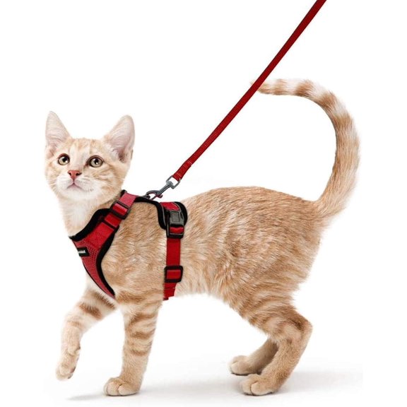 rabbitgoo Cat Harness and Leash for Walking, Escape Proof Soft Adjustable Vest Harnesses for Cats, Easy Control Breathable Reflective Strips Jacket, Red