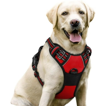 rabbitgoo Dog Harness, No-Pull Pet Harness with 2 Leash Clips, Adjustable Soft Padded Dog Vest, Reflective Outdoor Pet Oxford Vest with Easy Control Handle for Large Dogs, Red