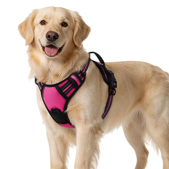 Pigo Dog Harness No Pull Pet Harness with 2 Leash Clips, Adjustable Soft Padded Dog Vest, No Choke Reflective Outdoor Pet Oxford Vest with Easy Control Handle for Large Dogs, Hot Pink
