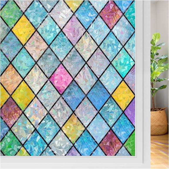 rabbitgoo Stained Glass Window Film, Window Privacy Film, 3D Decorative Rainbow Film Glass Decals Colorful Lattice Stickers, Sun Catcher Static Cling for Home 17.5" x 78.5"