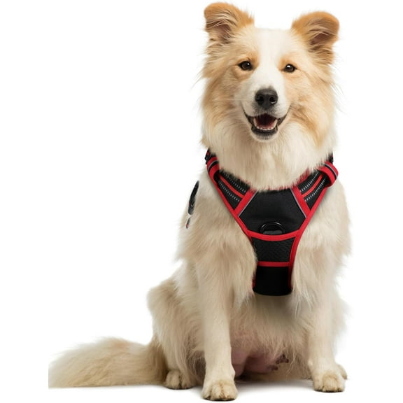 rabbitgoo Dog Harness, No-Pull Pet Harness with 2 Leash Clips, Adjustable Soft Padded Dog Vest, Reflective Outdoor Pet Oxford Vest with Easy Control Handle for Large Dogs, Black & Red