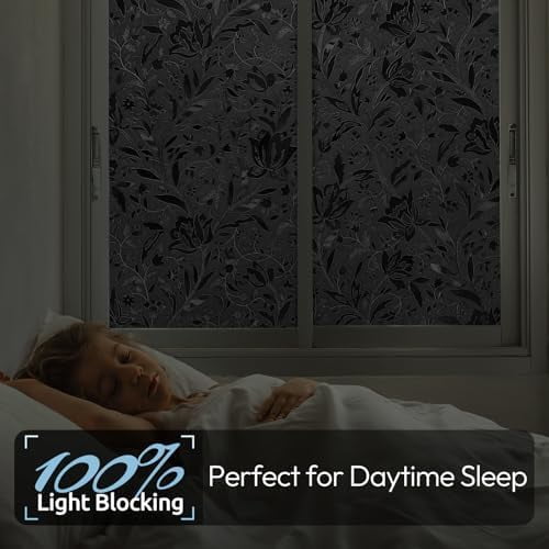 rabbitgoo Total Blackout Window Film Sun Blocking, Black Privacy Window Film Light Blocker, Stained Glass Thermal Cling Heat Control, Room Darkening Glass Sticker for Door Covering, 17.5" x 78.7"