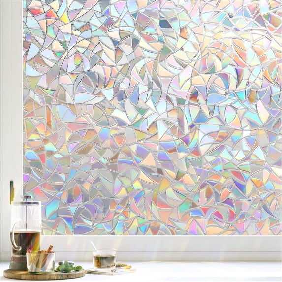 rabbitgoo Window Privacy Film, Rainbow Window Clings, 3D Decorative Window Vinyl, Stained Glass Window Decals, Static Cling Window Sticker Non-Adhesive, 12 x 156 inches