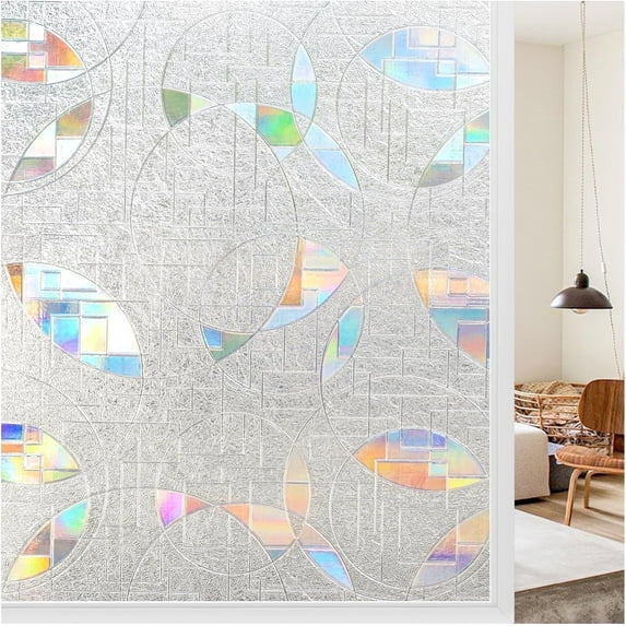 rabbitgoo Window Privacy Film, Stained Glass Rainbow Window Clings, Decorative Vinly Glass Covering, Static Cling Anti UV 3D Decals for Door, Circular Mosaic, 17.5 x 78.7 inches
