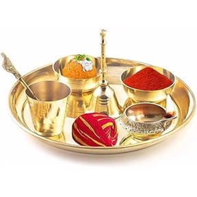 radhna Festive Special Pure Brass Navratri Diwali Special Puja Thali Set of 9 Pure Pital Pooja Thali Set (6Inch Thali Set Free 50 Gram Sindur/Kumkum & 1 Moli Roll) (6 Inch Thali) - for Janamashtami