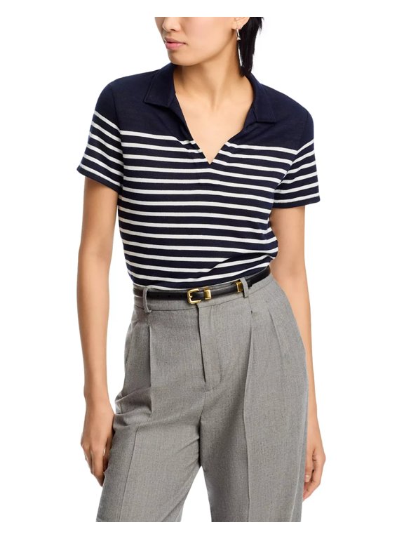The Knit Stripe Polo Top Women's XS Navy/Ivory Short Sleeve Pullover