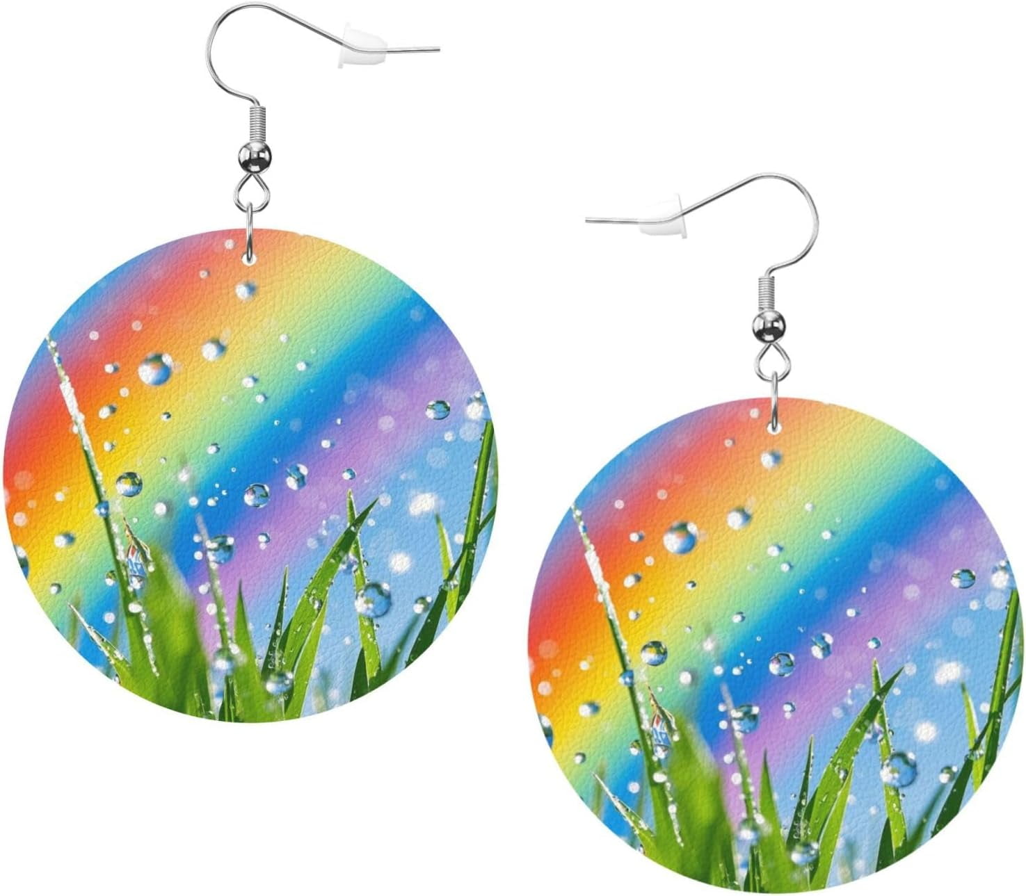 rainbow bright Pro Print Leather Circular Design Earrings and Pendant,Equipped With Silver Plated Ear Hooks,Suitable for Women's Fashion[e115]