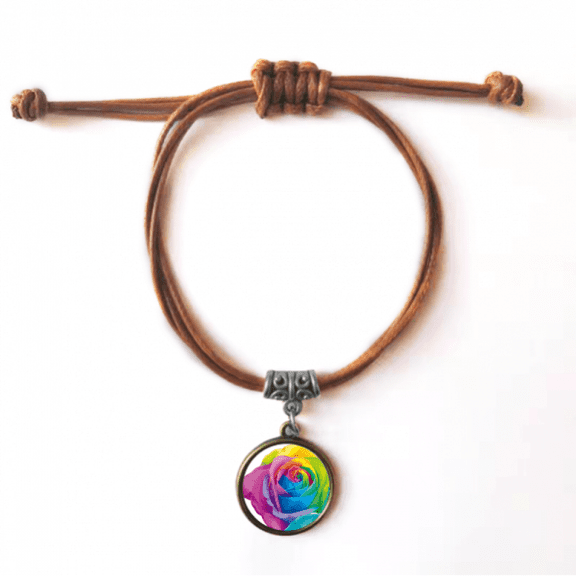 rainbow flower lgbt bracelet leather hide wristband brown jewelry