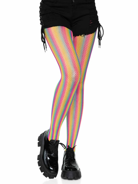rainbow stripped fishnet pantyhose.