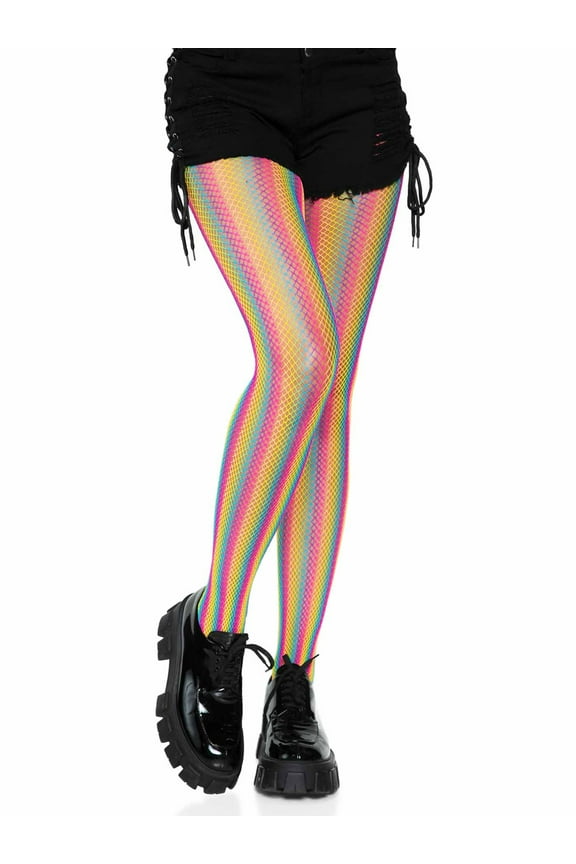 rainbow stripped fishnet pantyhose.