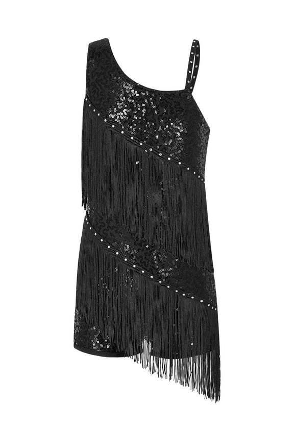 Girls Kids Tassel Dress Dance Latin Jazz Salsa Samba Ballroom Performance Costumes Black 6