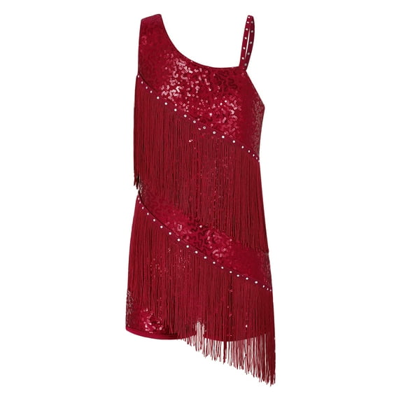 ranrann Girls Kids Tassel Dress Dance Latin Jazz Salsa Samba Ballroom Performance Costumes Burgundy 6