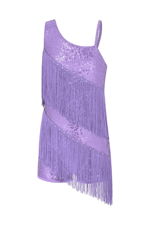 Girls Kids Tassel Dress Dance Latin Jazz Salsa Samba Ballroom Performance Costumes Lavender 10