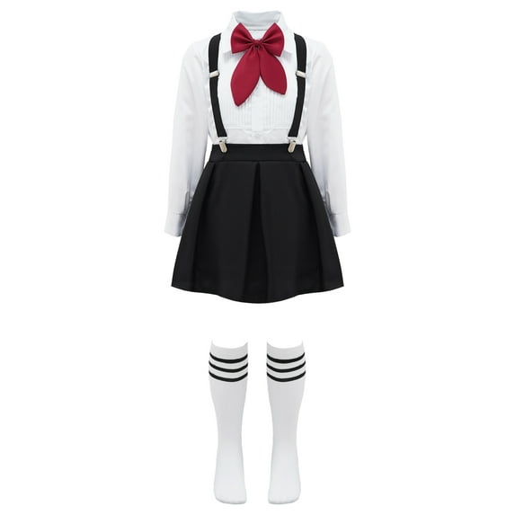 ranrann Girls School Uniform Skirt Outfit with Bow Tie Shirt Tops and Suspender Skirt Socks Set Type A Black 9-10