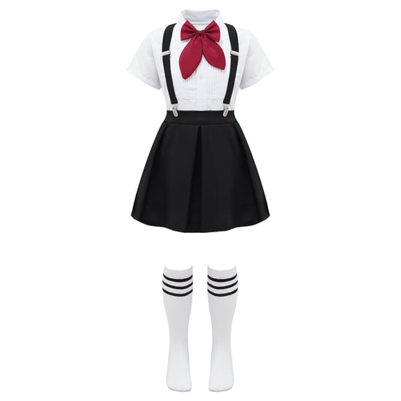 ranrann Girls School Uniform Skirt Outfit with Bow Tie Shirt Tops and Suspender Skirt Socks Set ype B Black 11-12