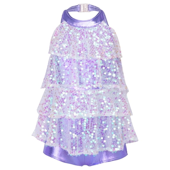 ranrann Girls Shiny Sequined Modern Jazz Latin Ballet Dance Dress Shorty Unitard Stage Performance Lavender 6