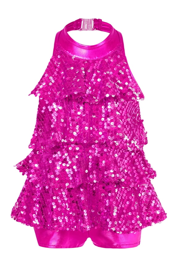 Girls Shiny Sequined Modern Jazz Latin Ballet Dance Dress Shorty Unitard Stage Performance Rose 14