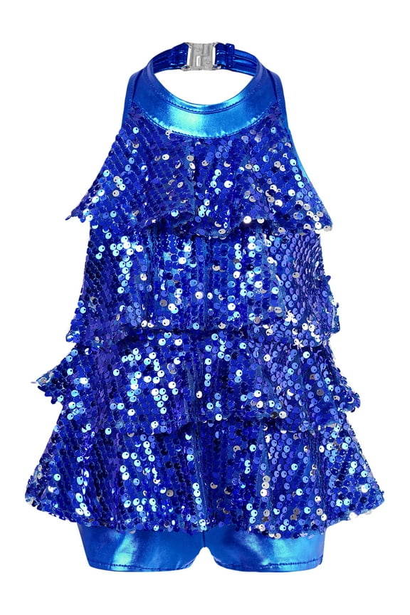Girls Shiny Sequined Modern Jazz Latin Ballet Dance Dress Shorty Unitard Stage Performance Royal Blue 4