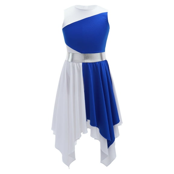 ranrann Girls Sleeveless Color Block Asymmetrical Lyrical Praise Dance Dress Modern Contemporary Blue&White 16
