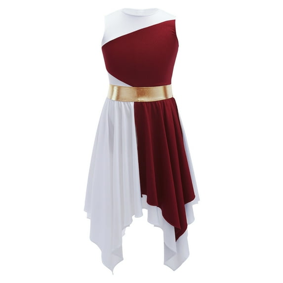 ranrann Girls Sleeveless Color Block Asymmetrical Lyrical Praise Dance Dress Modern Contemporary Red 8