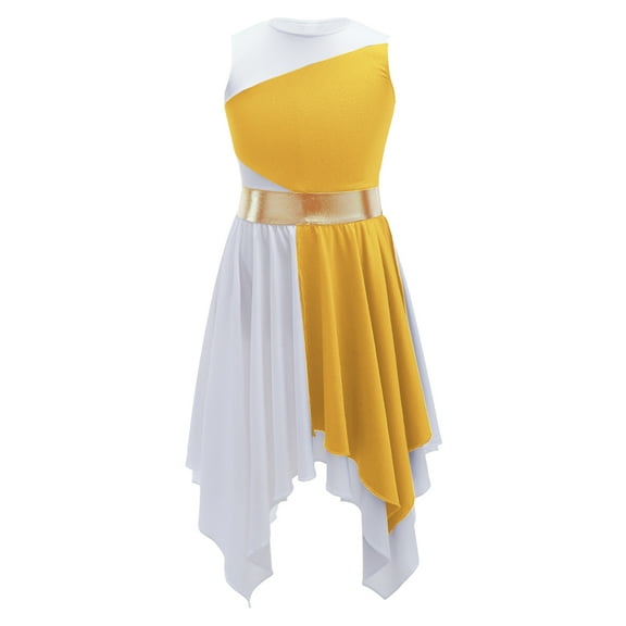 ranrann Girls Sleeveless Color Block Asymmetrical Lyrical Praise Dance Dress Modern Contemporary Yellow 10