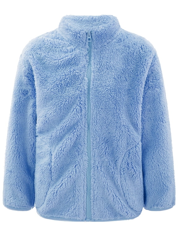 Girls Stand Collar Warm Outerwear Zipper Polar Fleece Jacket Casual Long Sleeve Coat Blue 2-3