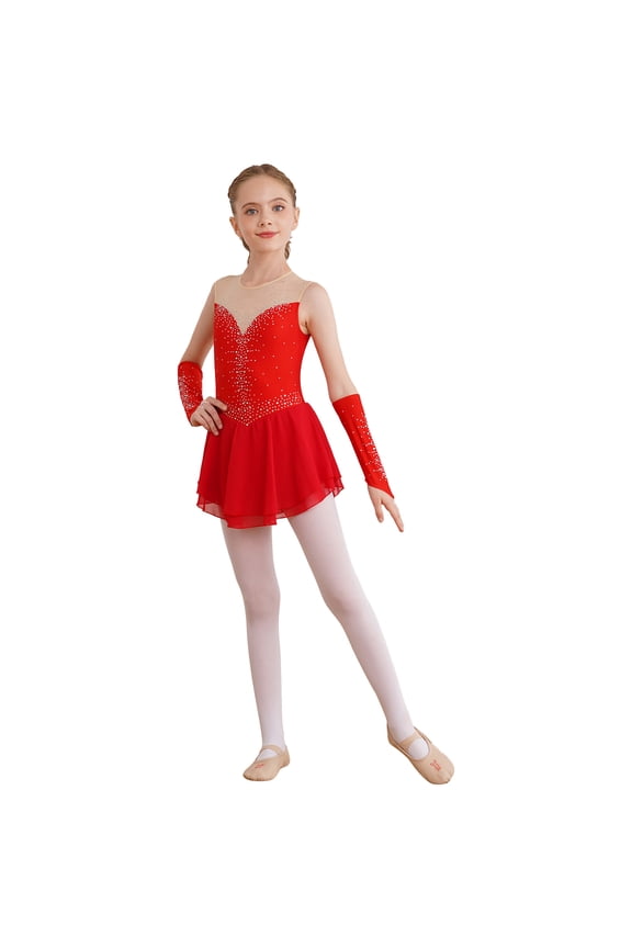 Ice Figure Skating Dress for Girls Rhinestone Mesh Chiffon Ballet Dance Leotard Dress Outfits Red 12