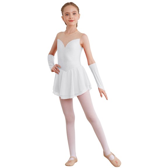 ranrann Ice Figure Skating Dress for Girls Rhinestone Mesh Chiffon Ballet Dance Leotard Dress Outfits White 14