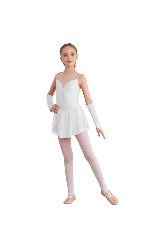 Ice Figure Skating Dress for Girls Rhinestone Mesh Chiffon Ballet Dance Leotard Dress Outfits White 6