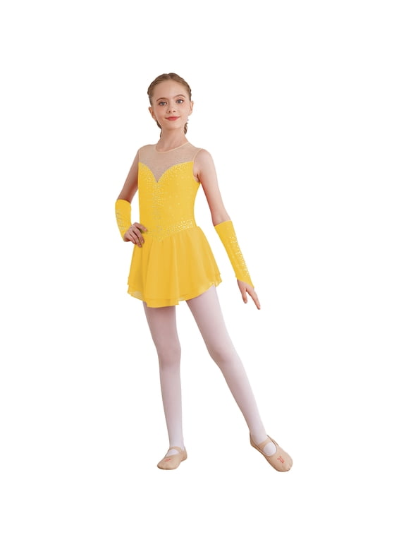 Ice Figure Skating Dress for Girls Rhinestone Mesh Chiffon Ballet Dance Leotard Dress Outfits Yellow 8