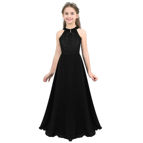 ranrann Kids Big Girls Chiffon Halter-neck Flower Girl Dress Floor-Length Wedding Party Ball Gown Black 12
