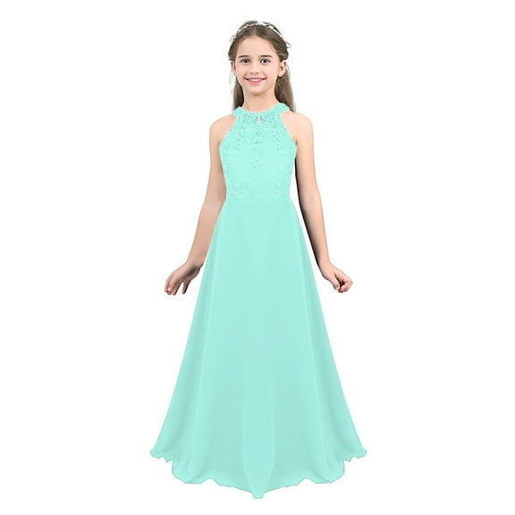 ranrann Kids Big Girls Chiffon Halter-neck Flower Girl Dress Floor-Length Wedding Party Ball Gown Mint Green 6
