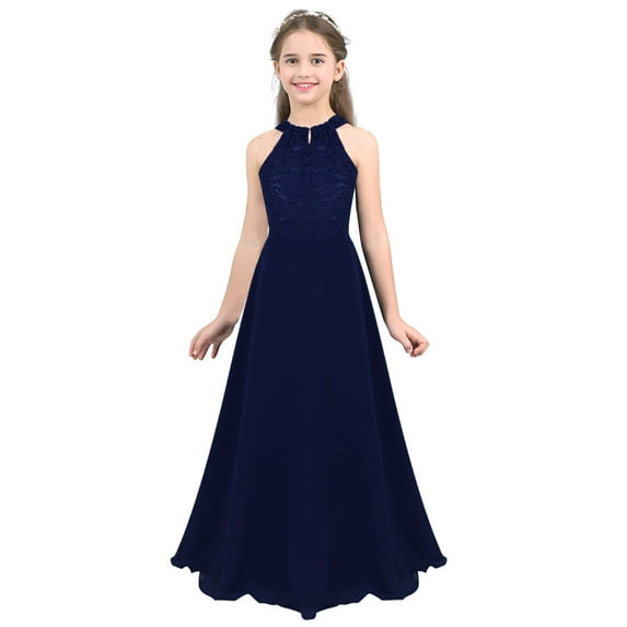 ranrann Kids Big Girls Chiffon Halter-neck Flower Girl Dress Floor-Length Wedding Party Ball Gown Navy Blue 12