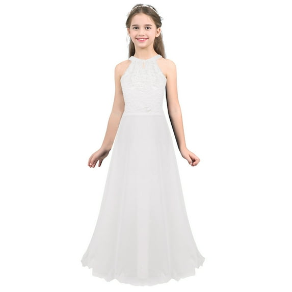 ranrann Kids Big Girls Chiffon Halter-neck Flower Girl Dress Floor-Length Wedding Party Ball Gown White 12