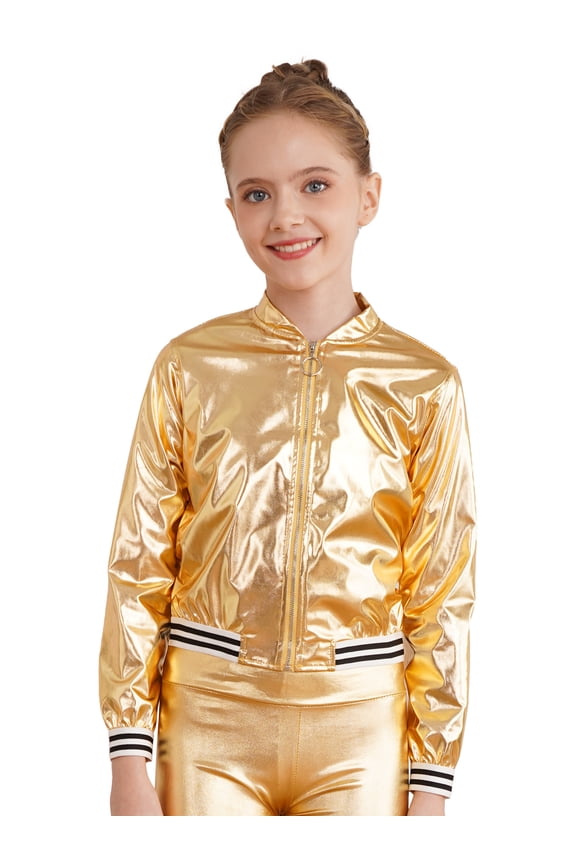 Kids Boys Girls Shiny Metallic Zipper Closure Jacket Windproof Motorcycle Coat Outerwear Gold 10