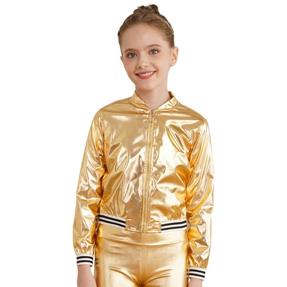 ranrann Kids Boys Girls Shiny Metallic Zipper Closure Jacket Windproof Motorcycle Coat Outerwear Gold 8