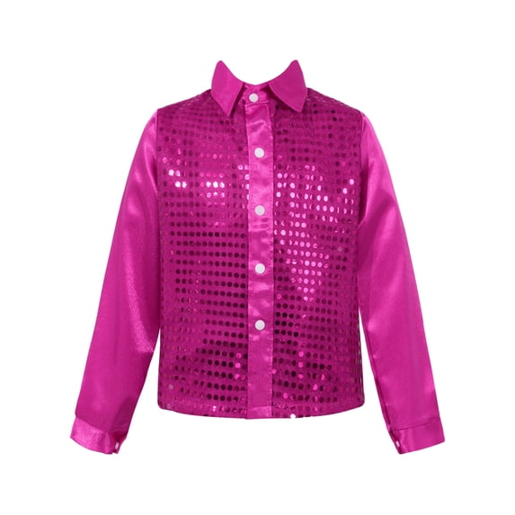 ranrann Kids Boys Latin Modern Jazz Hip-Hop Dance Outfit Shiny Sequins Long Sleeve Shirt Tops Hot Pink 7-8