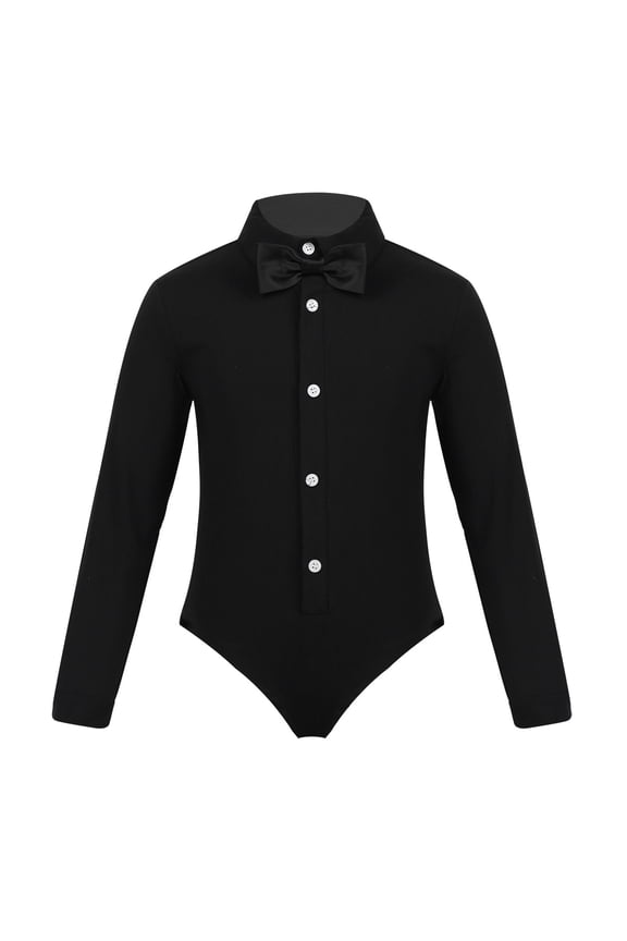 Kids Boys Long Sleeve Ballroom Latin Salsa Dance Shirt Romper Bodysuit Tuxedo Leotard Modern Black 8