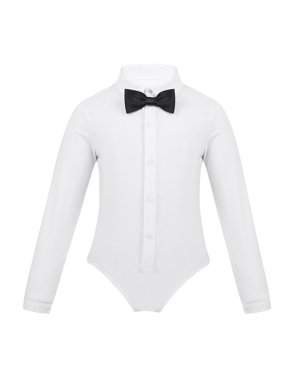 Kids Boys Long Sleeve Ballroom Latin Salsa Dance Shirt Romper Bodysuit Tuxedo Leotard Modern White 6
