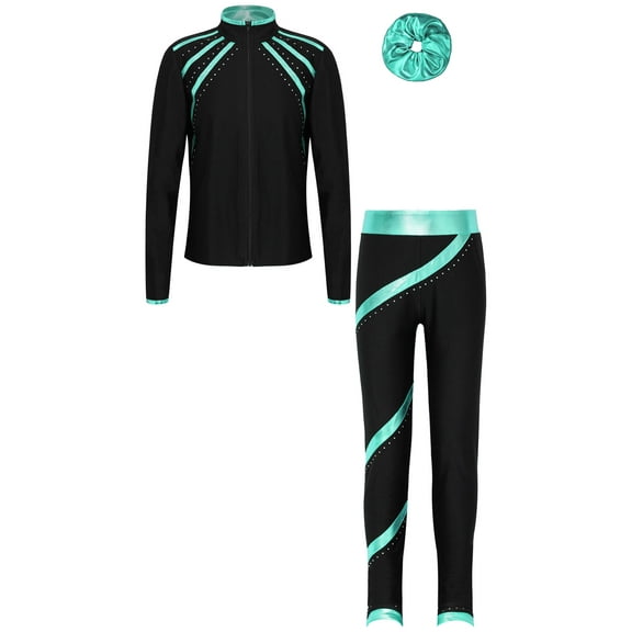 ranrann Kids Figure Skating Outfit Sweatsuit Girls Sparkly Rhinestones Jacket with Ice Skating Tights Blue Green 16