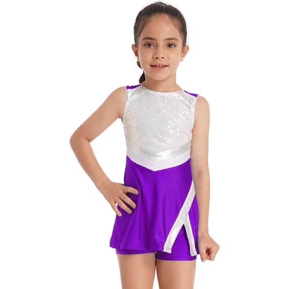 ranrann Kids Girls 2Pcs Sleeveless Dance Dress with Shorts Cheerleading Stage Performance Purple 3