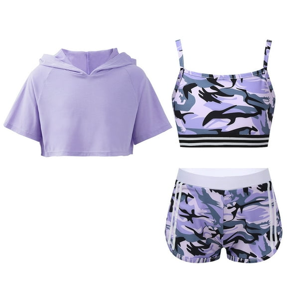 ranrann Kids Girls 3 Piece Dance Outfit Gymnastics Crop Hoodie Spaghetti Straps Camisole Bra and Purple 14